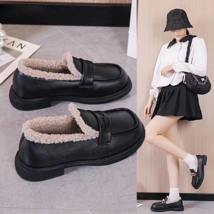 Niedrigabsatz kleine Lederschuhe Herbst und Winter neu dicke Sohle Samt Baumwollschuhe Doudou Schuhe