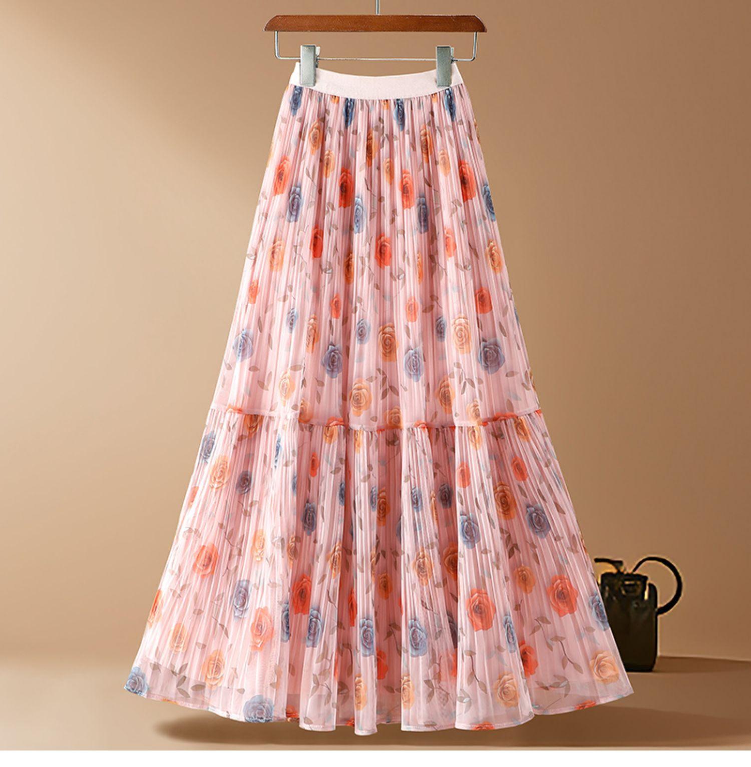 

Qooth Шифоновая юбка миди с цветочным принтом, с высокой талией, А-силуэта, женственный стиль для весны-лета QT2605 One Size розовый