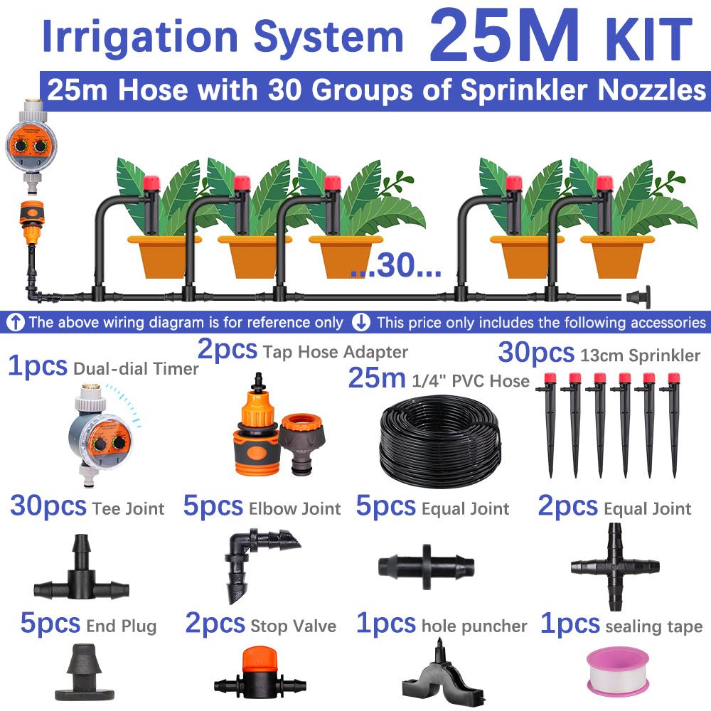 50-5m 1/4" Garden Drip Micro Irrigation 8-hole Adjustable Drippers with Stake 4/7mm Adapter PVC Tubing Automatic Watering System