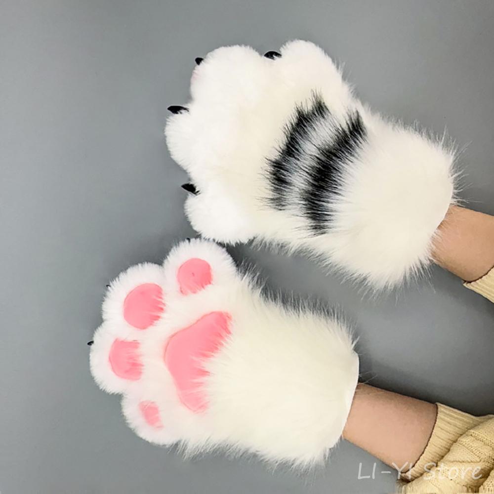 Furry Tiger Paw Gloves Tiger Halloween Costume Accessories Cosplay Props Plush Anime Beast Animal Paw Gloves Fluffy Mitten