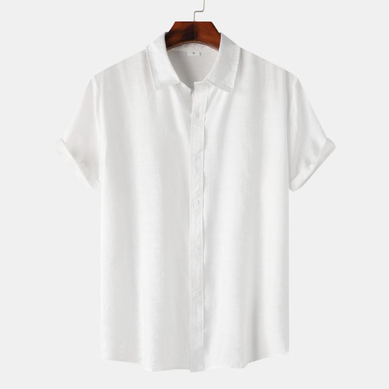 Men Solid Color Linen Short Sleeve Shirt Loose Casual Summer Button Up Top