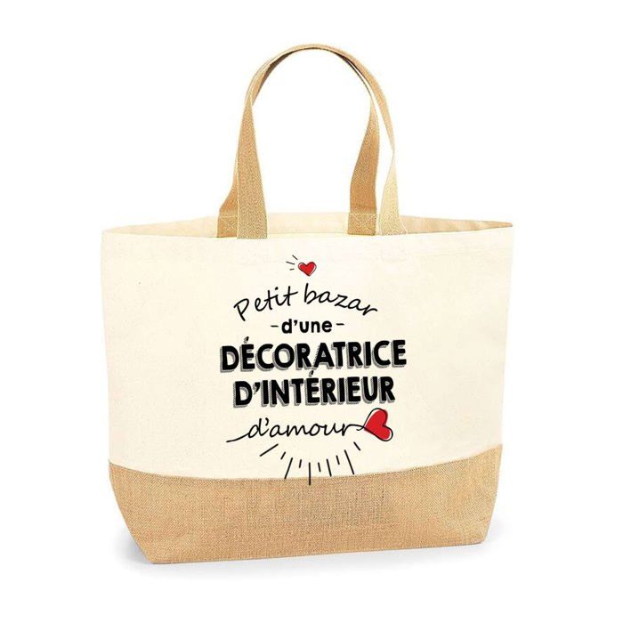 Cabas / Tote bag - PLANETEE - Petit Bazar Décoratrice d'Intérieur d'Amour - Jute naturel - Imprimé multicolore - Fabriqué en France