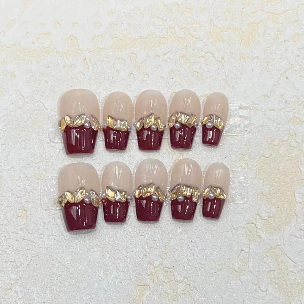 New Year's Manicure Hand-wearing Nails Handmade Wine Red New Year's Manicure French Flash Champagne Diamond