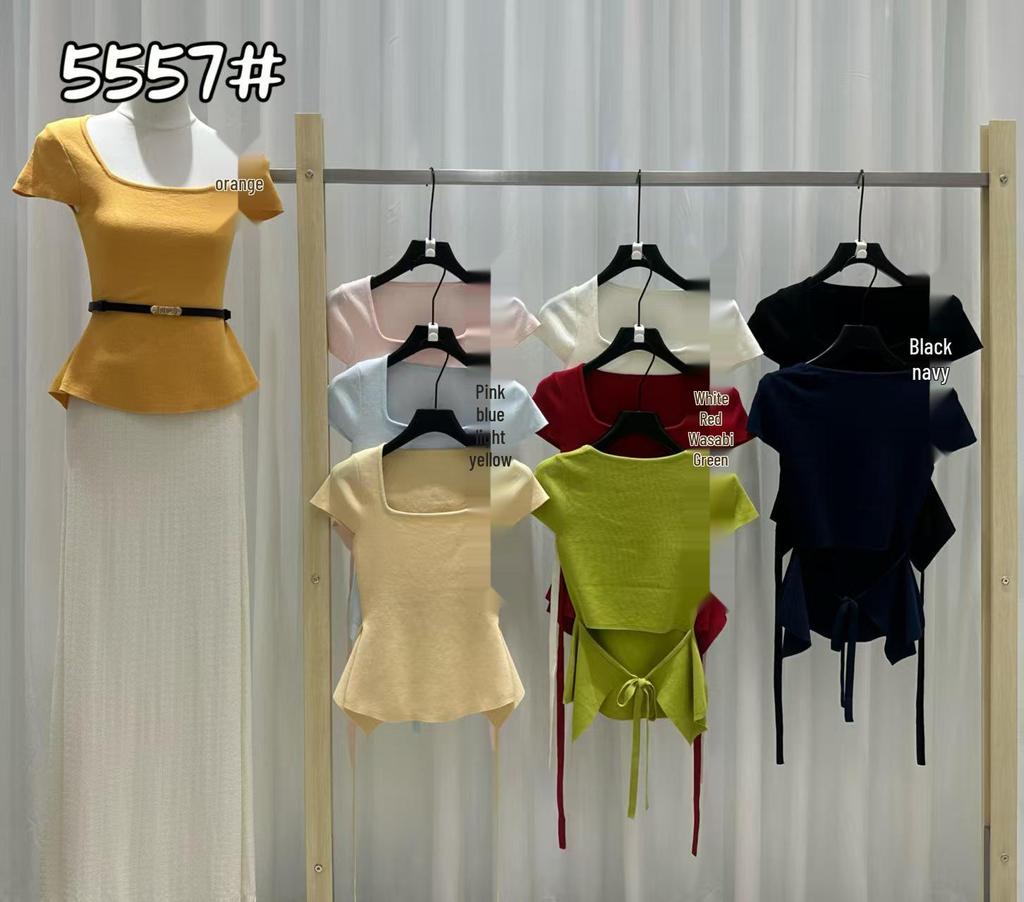 Luxury Women's Ice Silk Knit T-shirt: Stylish, Waist-Cinching, Square Neck, Short Sleeve, Back Tie