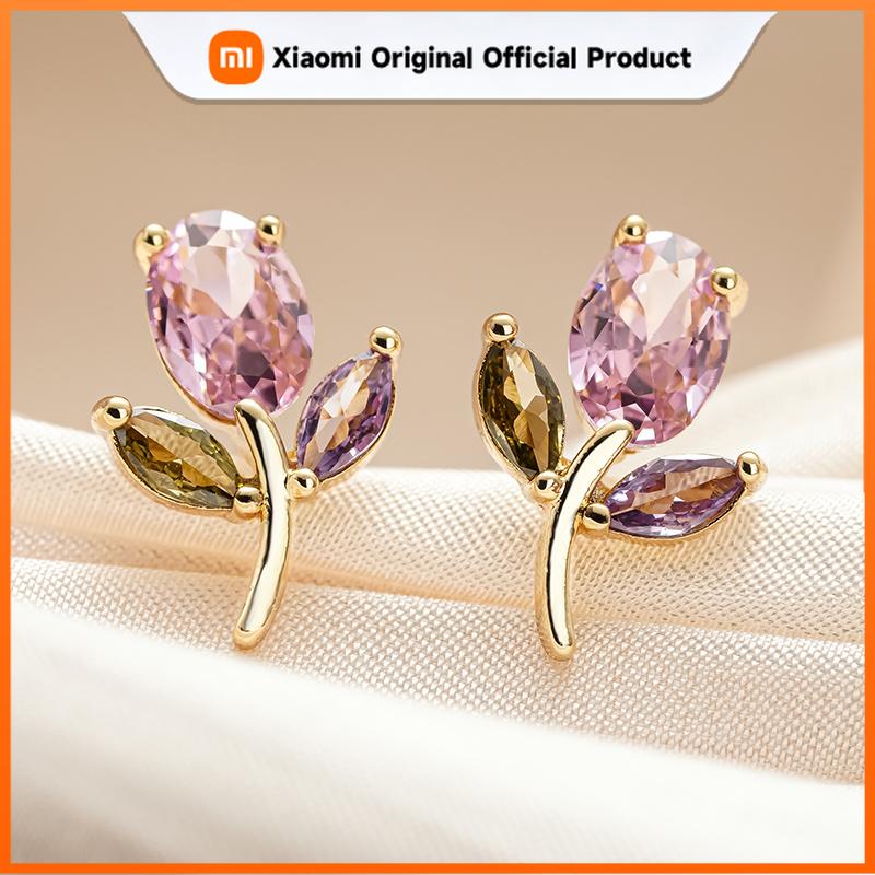 Xiaomi Huitan Flower Design Women Stud Earrings Aesthetic Wedding Party Fresh Style Accessories Inlaid Sparkling CZ Gold Color Jewelry