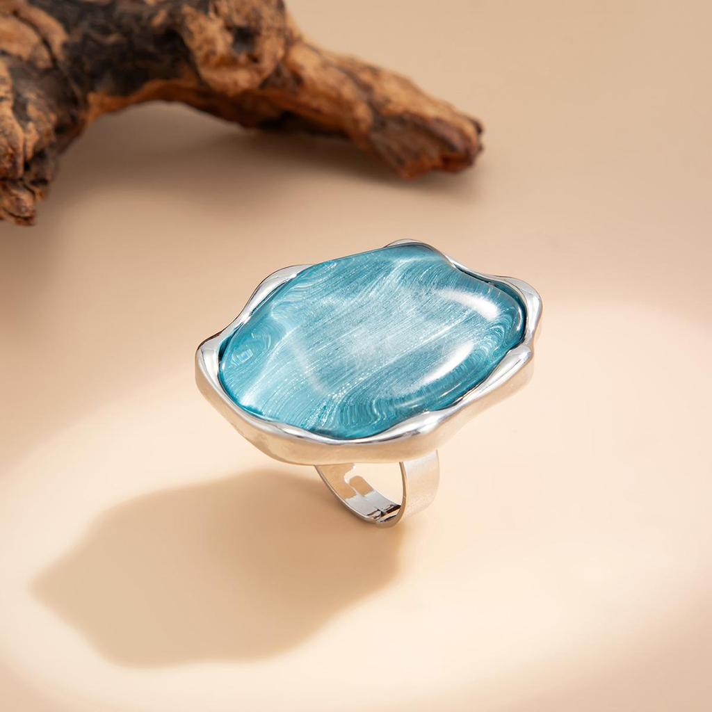Retro Blue Water Ripple Resin Women's Ring Exaggerated Fashion Geometric Alloy Ring Jewelry Accessories Gift