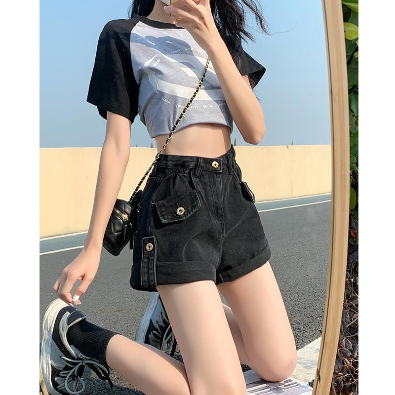 

Черные и серые джинсовые шорты для женщин Новые летние тонкие с высокой посадкой Свободные Слимминг Широкие шорты XS чёрный