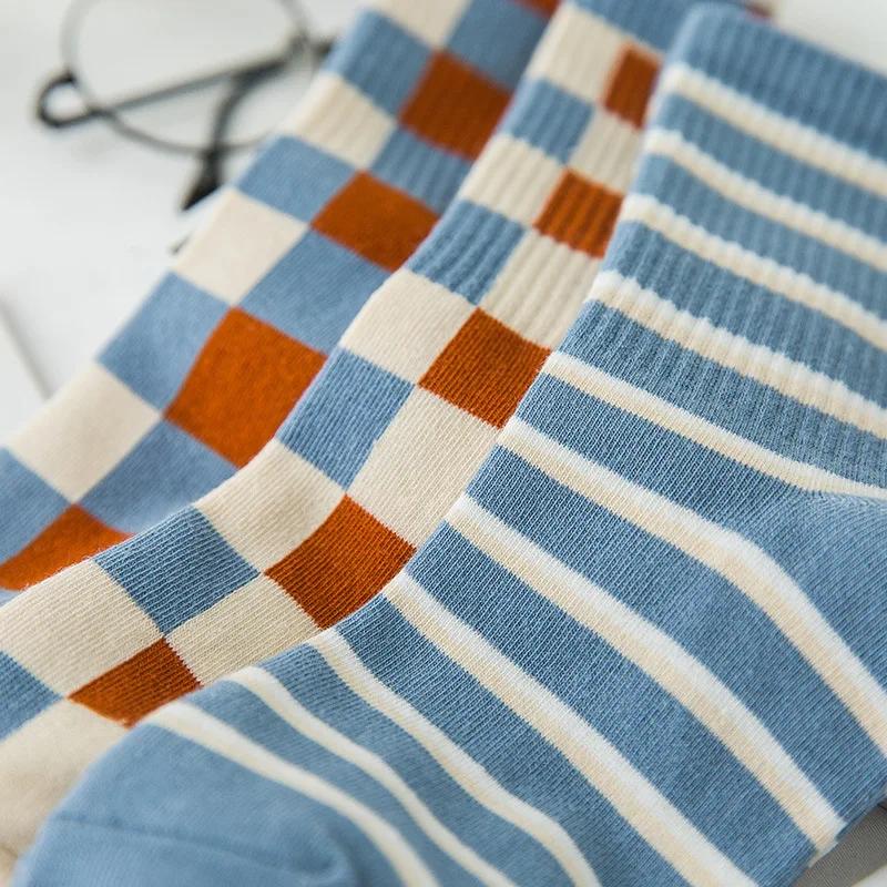 5 Pairs/Pack Kawaii Women Socks Harajuku Trend Women Checkered Stripe Bule Socks Girl Cotton Socks