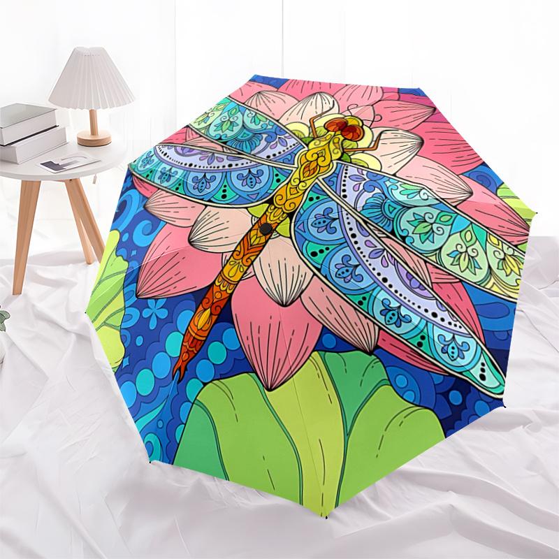 Colorful Lotus Dragonfly Mandala Automatic Opening Folding Umbrella with 8-Bone Iron Frame, Suitable for Fans, Travel, Daily Use, Festive Gi