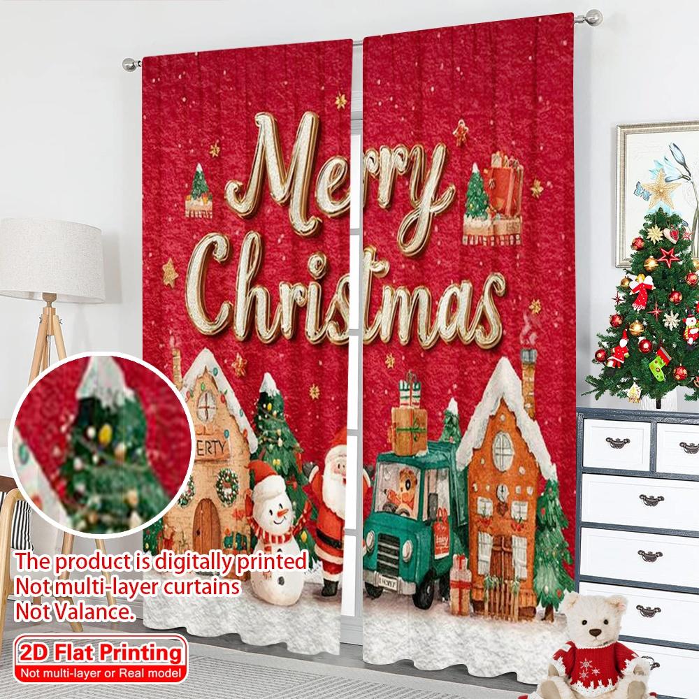 2pcs 2D Flat Printing Merry Christmas Window Curtains Red Santa Claus 100% Polyester Without Electricity Party Decorations for