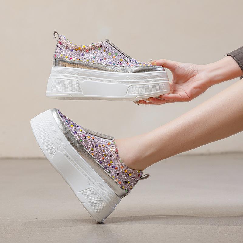 Mode 8.5CM Frühling Mesh Echtleder Damen Vulkanisierte Bling Mode Klobige Sneaker Sommer Strass Casual Plateau Keilschuhe