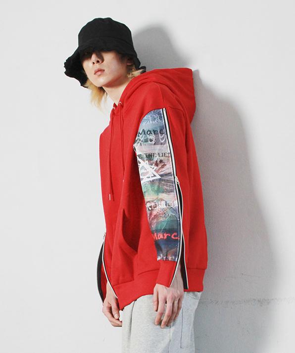 Zip-Up Sleeve Asymmetrical Graffiti Hoodie Fleece-Lined Red