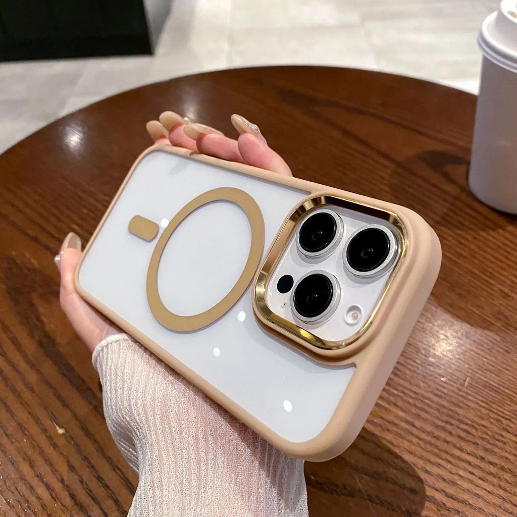Desert Titanium Gold Magnetic Charging Phone Case for iPhone 16 15 14 13 12 11 Pro Max Plus Metal Lens Frame Magsafe Hard Cover
