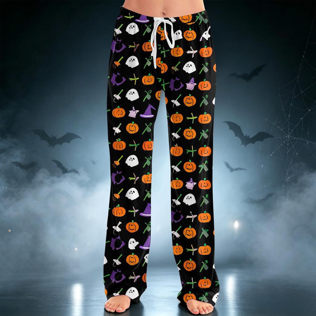 Women's Halloween Print Drawstring Wide Leg Pants for Casual Home Wear