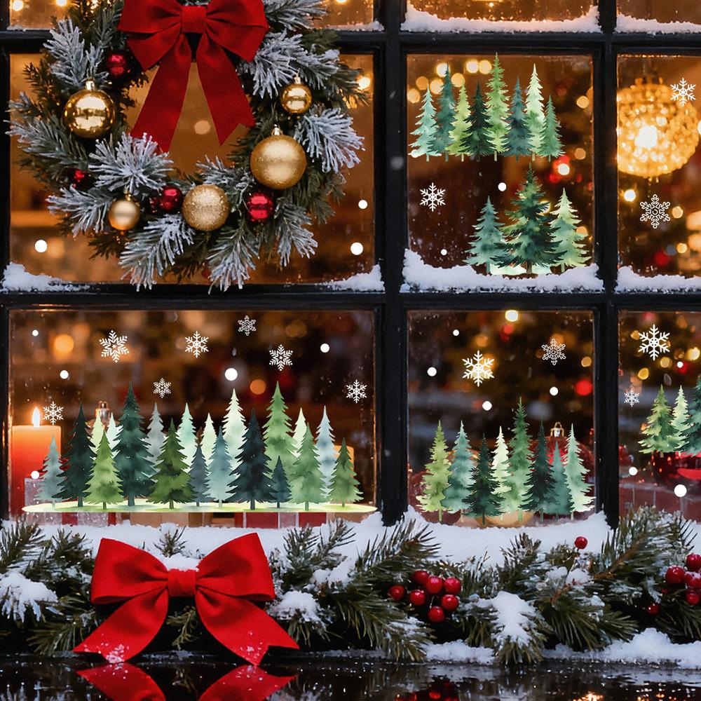 Watercolor Minimalist Fir Snow Festive Atmosphere Decoration for Balcony Glass Windows Beautifying Window Stickers
