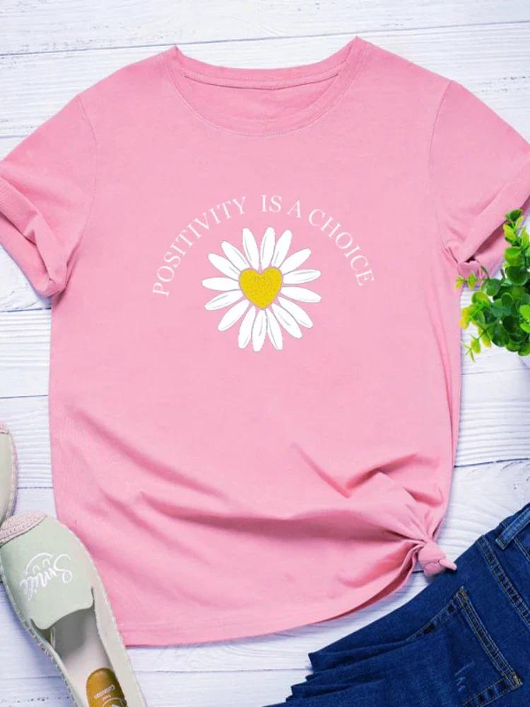 Positivity Is Choice Daisy Print Women T Shirt Short Sleeve O Neck Loose Women Tshirt Ladies Tee Shirt Tops Camisetas Mujer