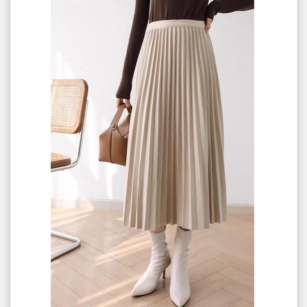 Premium Wool Pleated A-Line Skirt for Women, Korean Style, Versatile for Autumn/Winter, Elegant, High-Quality Midi Length.