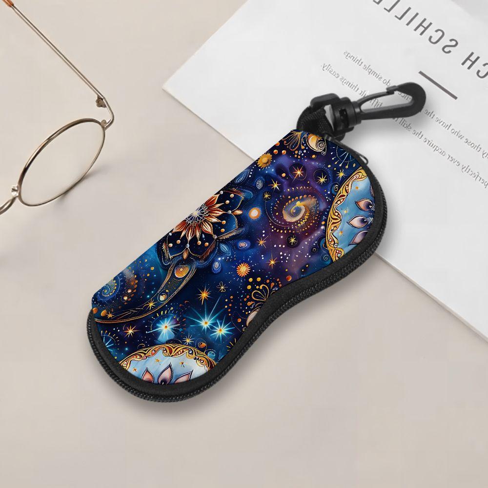 2D-Celestial Mandala Print Zipper Sunglasses Case, Protective Eyewear Organizer Box, Vintage Floral Galaxy Pattern Glasses Holder for Women Travel