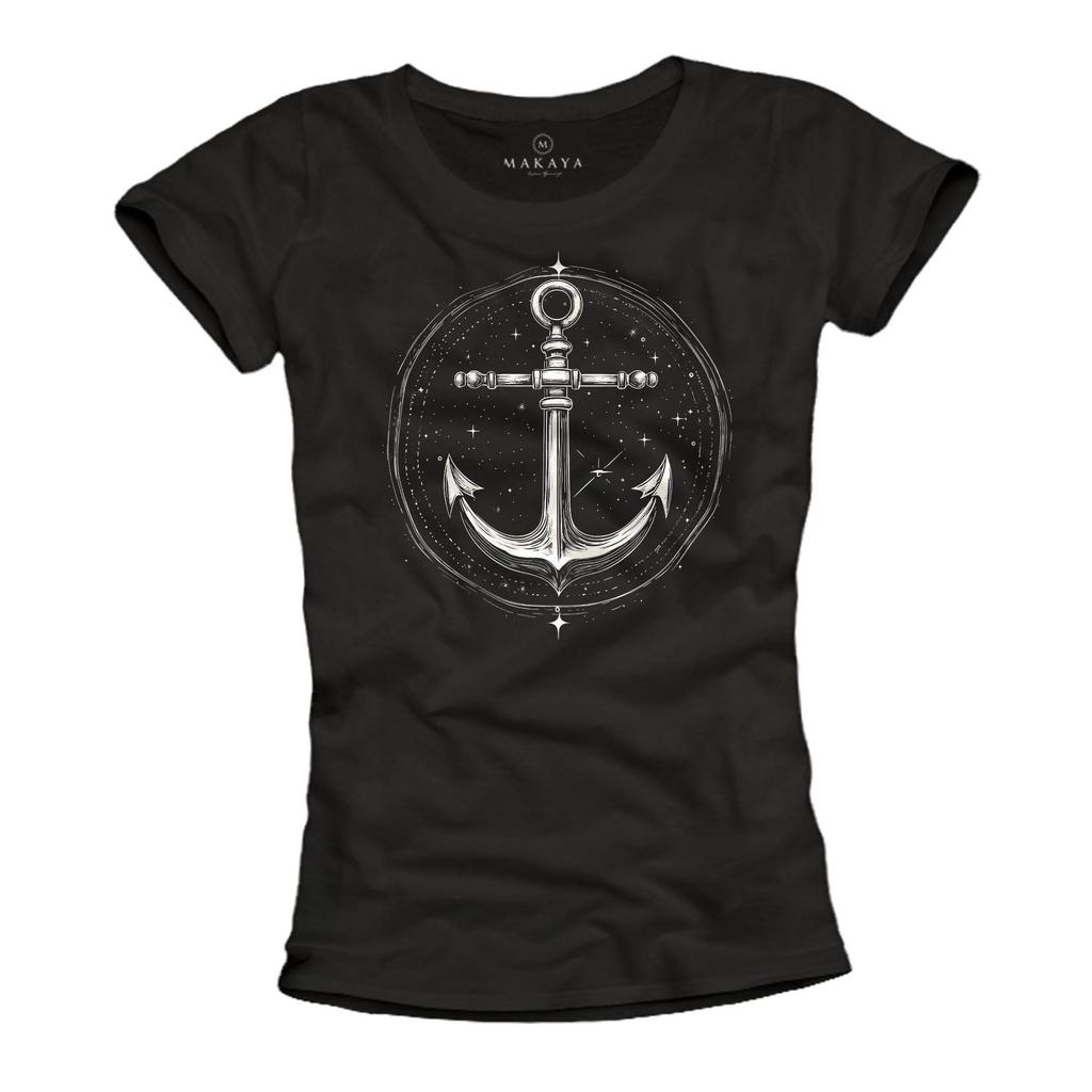 Anchor Shirt Women Vintage Motif - Tattoo Style Top with Print - Retro Graphic Print Design Short Sleeve 100% Cotton Tee Black S-XL
