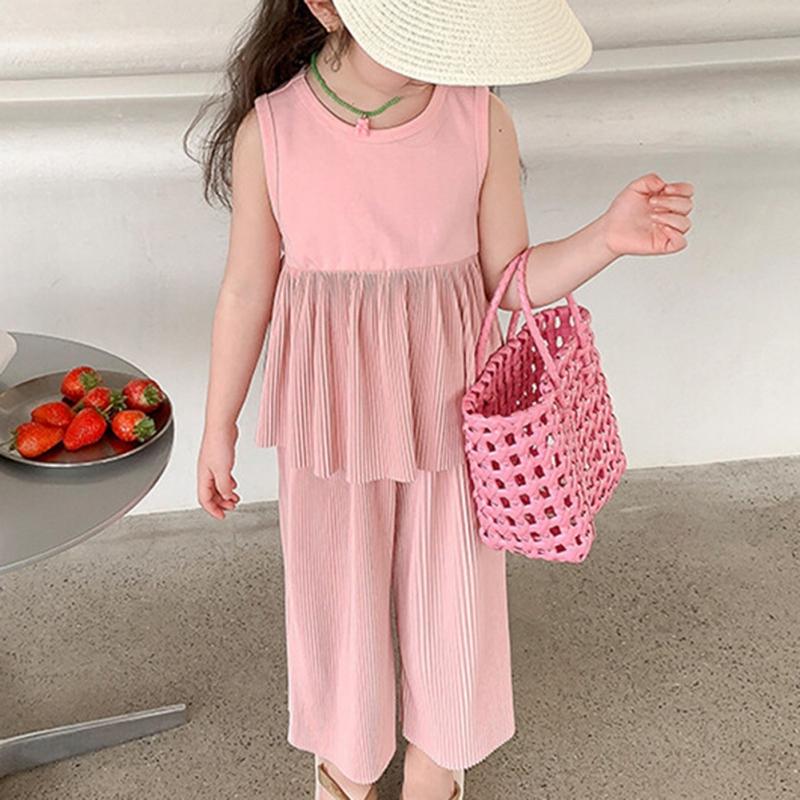 Girl's Sleeveless Top And Wide Leg Pants Set Summer Two-Piece Casual Children's Clothing Set