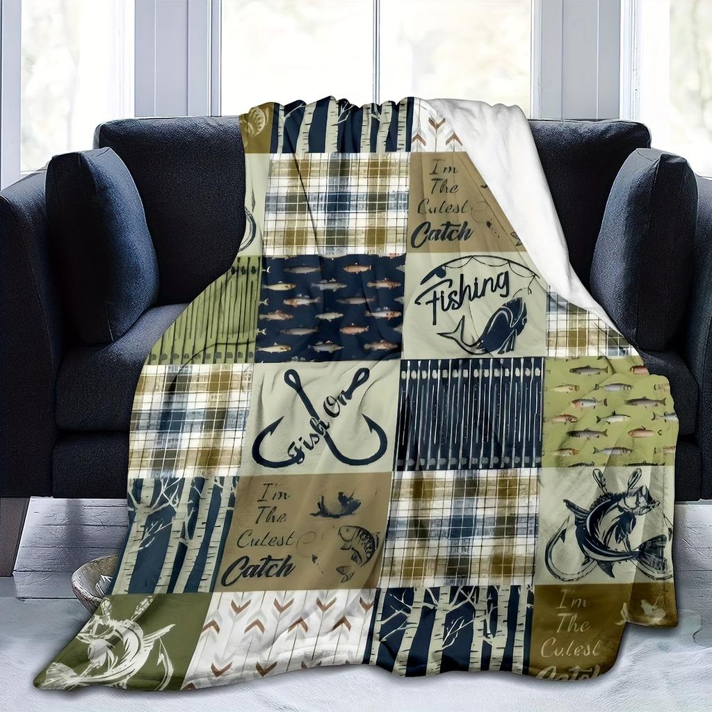Coperta Plaid in Flanella con Motivo da Pesca Vintage - Morbida, Confortevole, Multiuso per Tutte le Stagioni, Divano Letto, Viaggio, Campeggio