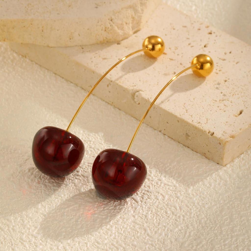 Red Cherry Earrings for Women, Fashion Delicate Fruit Hoops Dangle Earrings, 18K PVD Plated Wedding Party Ear Jewelry
