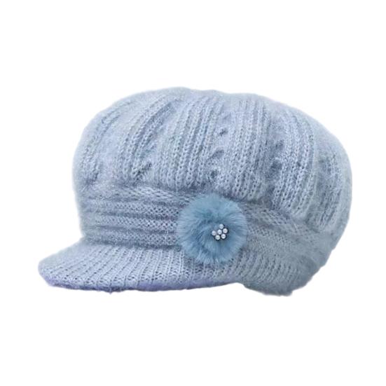 Women Knitting Hat Extended Brim Thickened Plush Winter Hat Solid Color Flower Decor Warm Hat Fashion Accessories