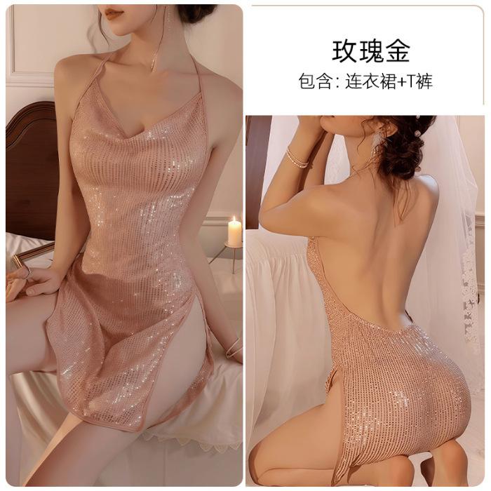 Night fun lingerie sexy nightclub uniform temptation sequins perspective neck split skirt women pure desire nightdress new