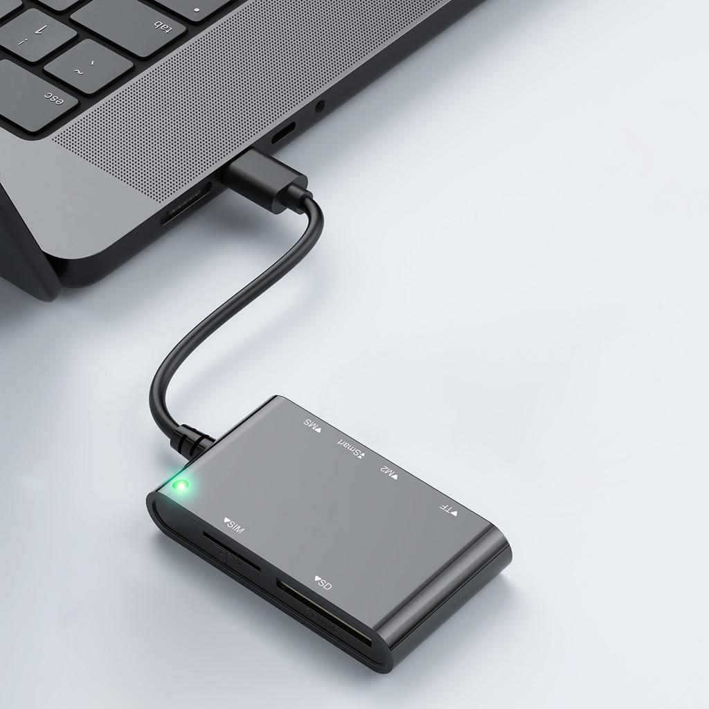 CR375-B 6-in-1 Multi-USB Smart Card Reader for Smart/MS/M2/TF/SIM/SD Cards Adapter Hub for Windows, Mac, Linux