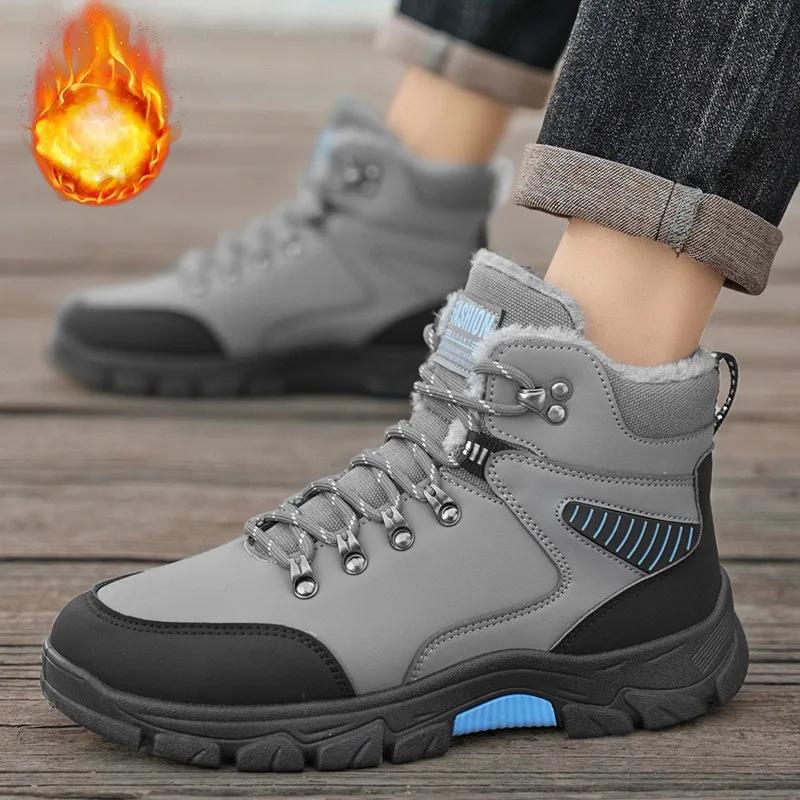 Men's Boots Winter High Top Waterproof Snow Boots Platform Plush Warm CottonShoes Outdoor Non-slip Hiking Travel Boots Plus Size