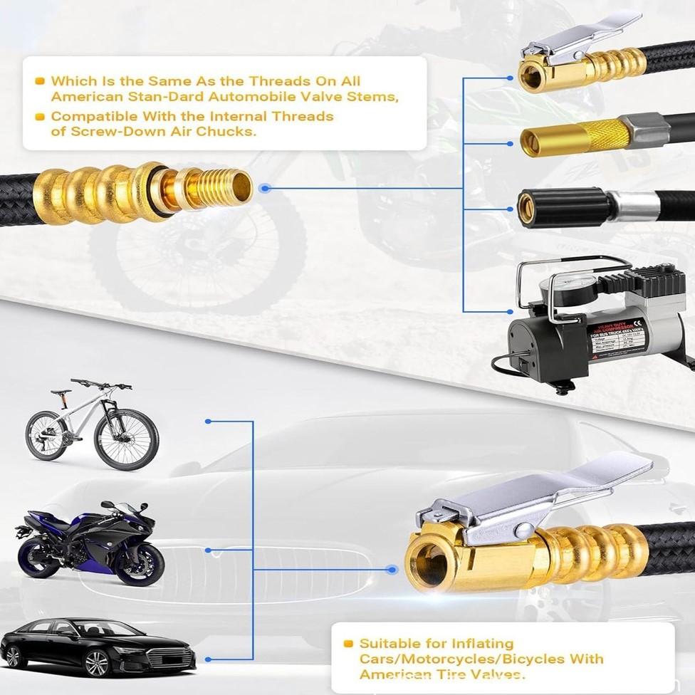 High Pressure Tire Inflator Hose With Valve Adapter For Air Compressor Quick Connect Fits Car Motorcycle