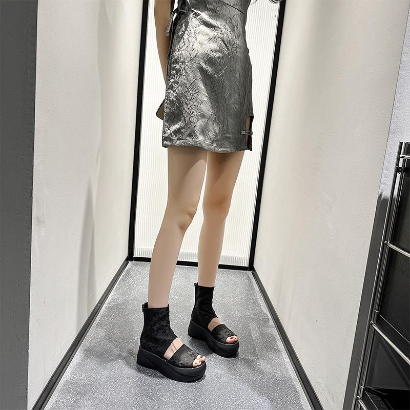 Мода 6см НОВА Мода Жіночі Літні Блискавка Відкритий Носок Мері Джейн Ботильйони на Платформі Клиновидні Лофери Взуття Еластична Тканина Тканина Шовкові Сандалі