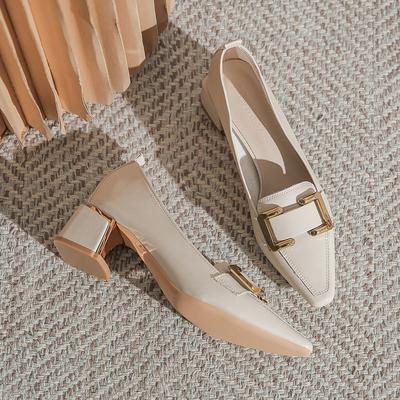 -Thick Heel High Heels Women's Autumn New CM Retro Small Square Head French Soft Leather Work Shoes Small Leather Shoes