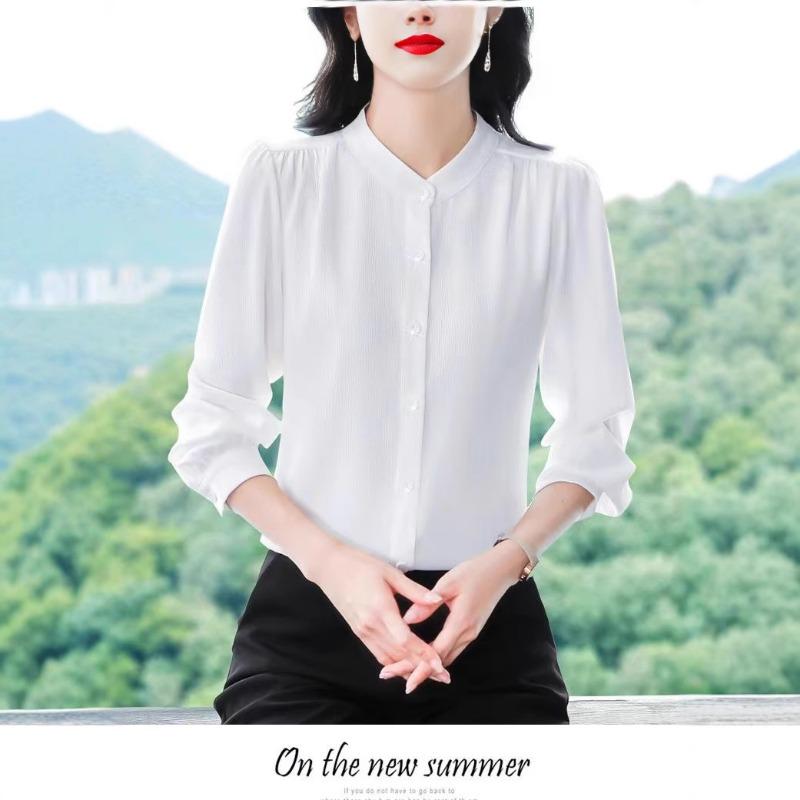 Dames satijnen blouse met mandarijnkraag, pofmouwen en lange mouwen, kantoorwerkshirt