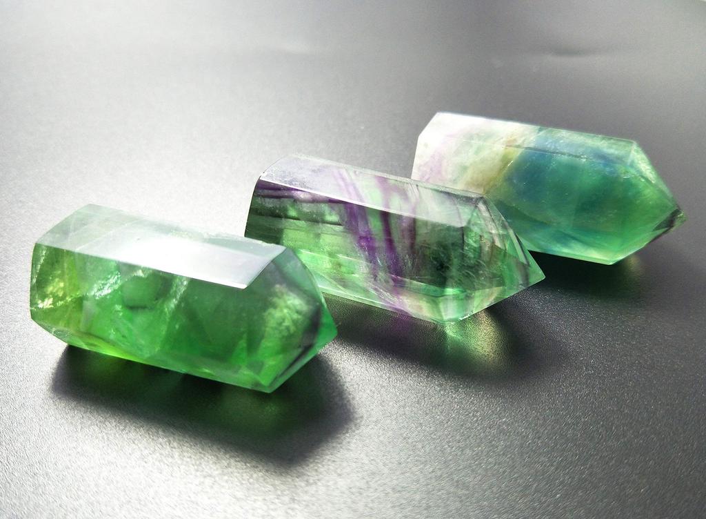 A Set of Three Green Fluorite Crystal Perfect for Good Chakra and Energy Recommended by Small-sized Wands, Luck, Meditation, Strengthening, Healing.