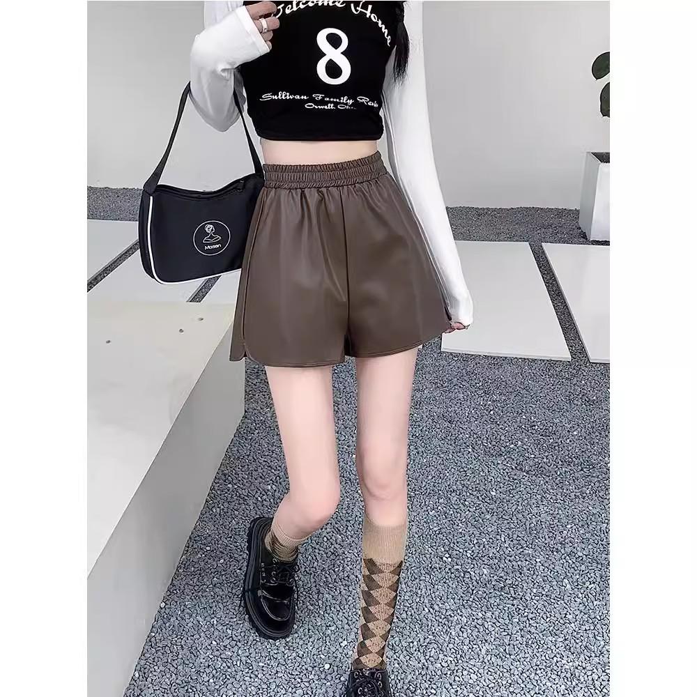 Women's 2026 Fall Winter Plus Size Wide Leg High Waisted Outer Wear PU Leather A-Line Casual Shorts Mini Shorts Versatile Slim Fit Hot Pants