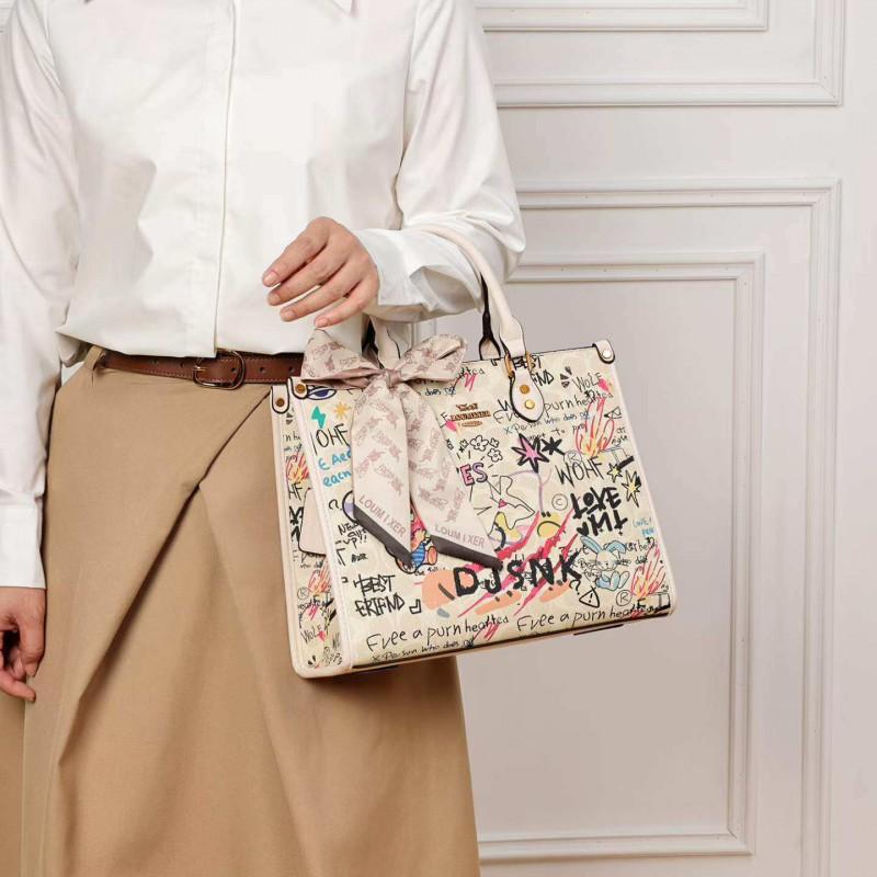 Large Capacity Tote Bag Women With Graffiti Print Soft PU Shoulder Handbag Daily Use