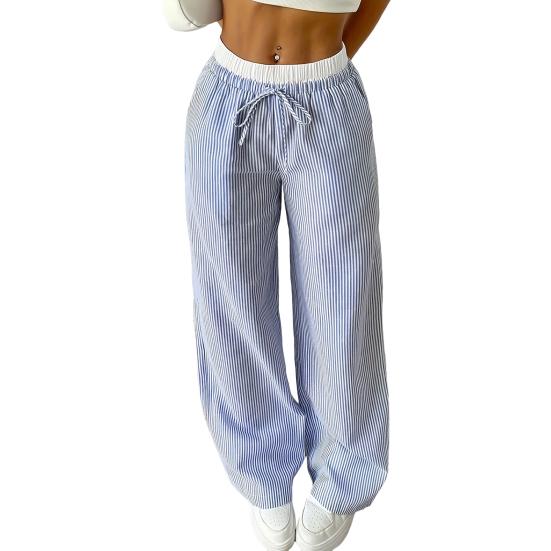 Women Pants Wide-Leg Casual Pants Elastic Waist Adjustable Drawstring Striped Design