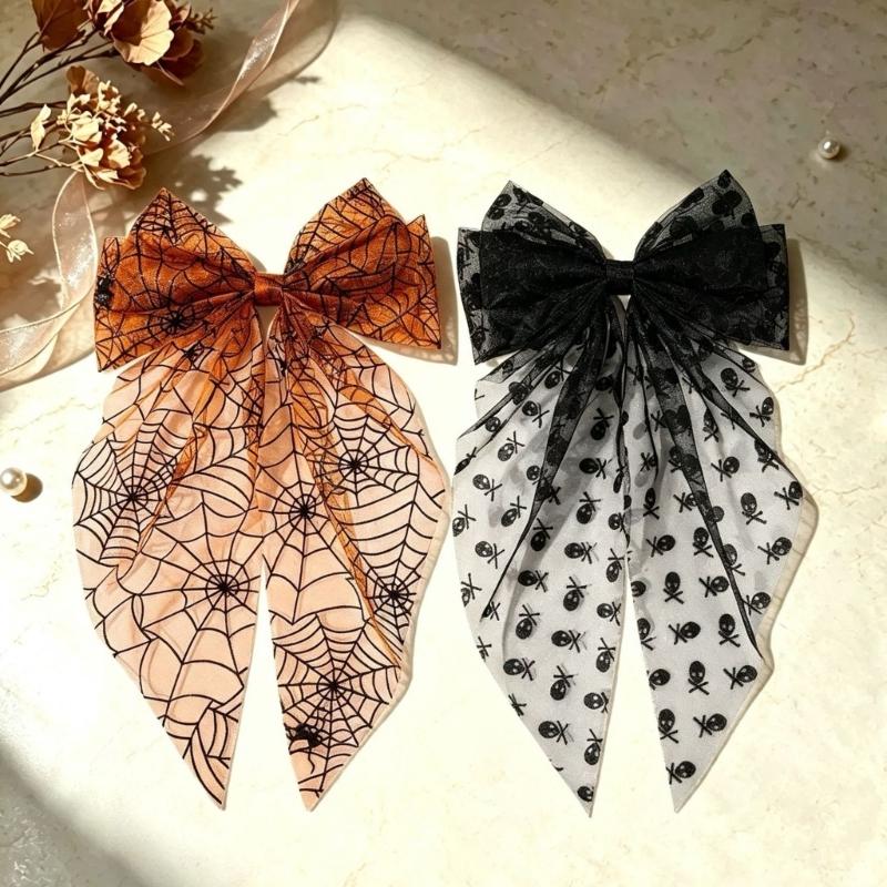 Oversized Halloween Hair Bows with Mesh Layers and Long Ribbon Tails, 2Piece Mesh Bowknot Clip for Women Costume Photo Styling