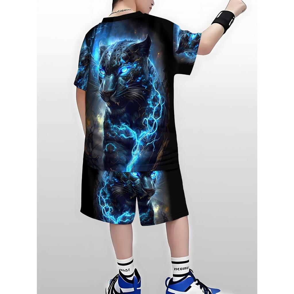 Boys' set of fashionable 3D printed casual pullover, short sleeved shorts, T sports shirt, boys' outdoor T-shirt shorts