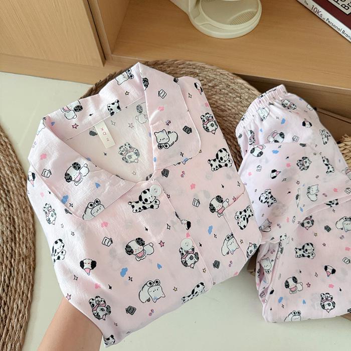 

Women s Cloud Cotton Pajama Set - Thin Print, Loose Fit, Long Sleeve & Pants, Doll Collar – Perfect for Spring & Autumn M