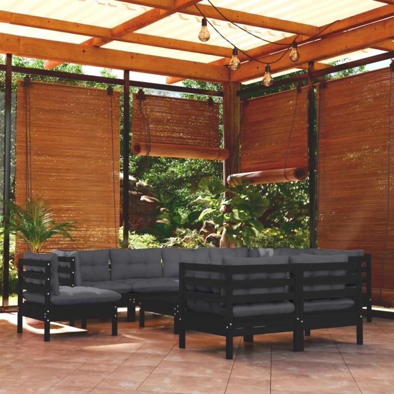 Día y Noche - Día y Noche Muebles de jardín 10 pzas con cojines negro madera maciza pino