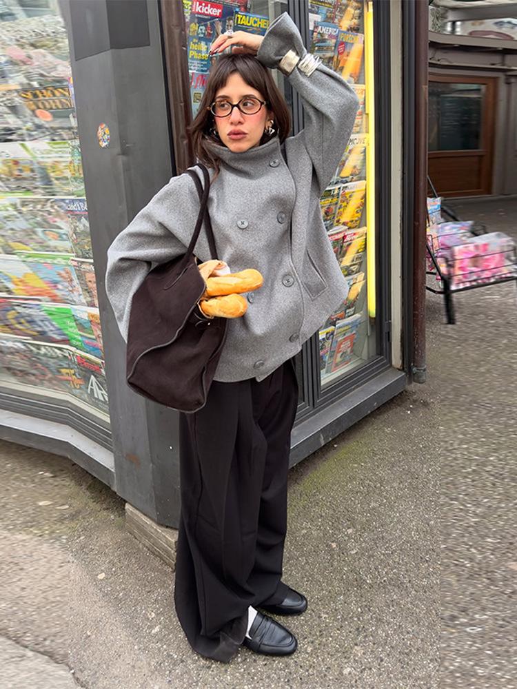 2025 Solid Color Double-Breasted Stand-Up Collar Short Coat - Long-Sleeved, Autumn/Winter