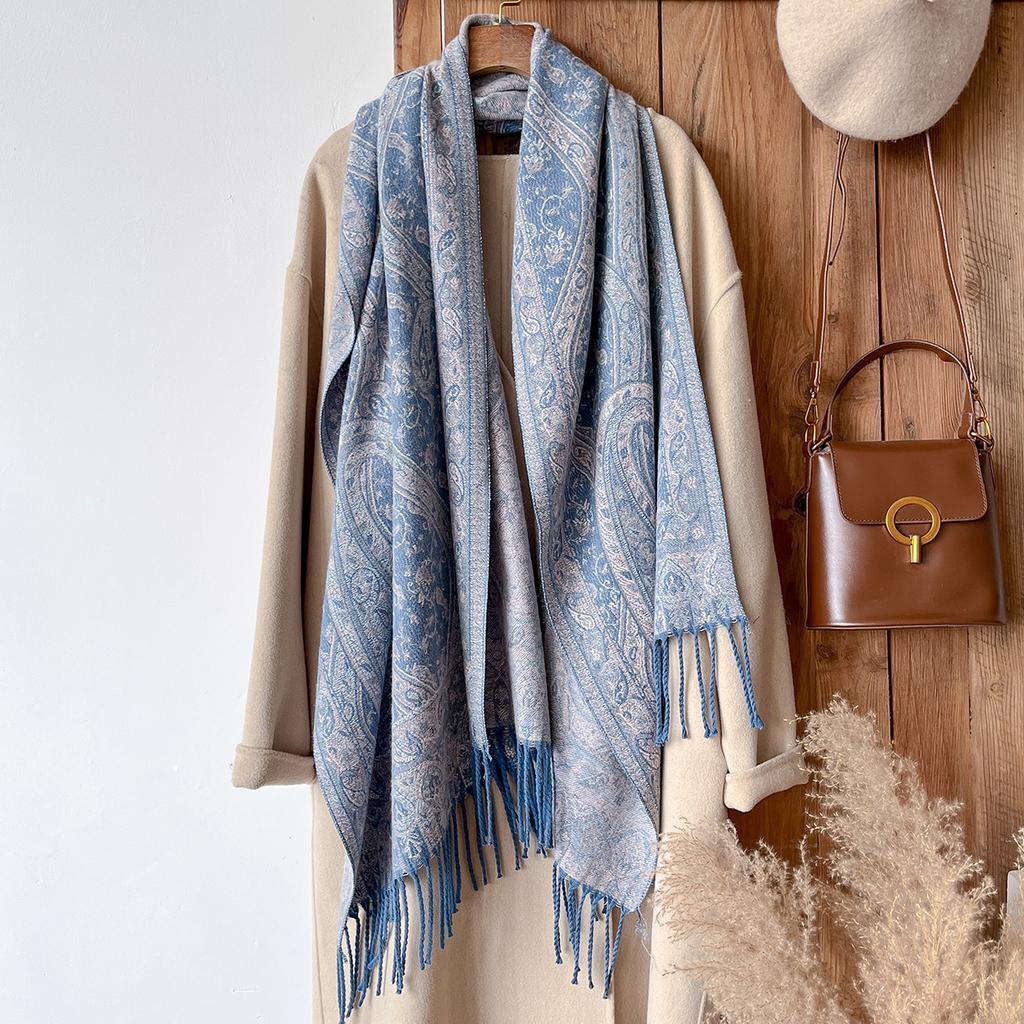 Fashion Winter Cashmere Shawl For Women - Tasseled Vintage Oil Painting Floral Printed Pashmina Thick Wrap, Scarf & Echarp