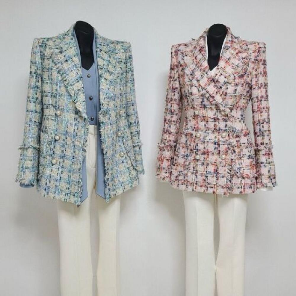 Style Latte Women Pastel Check Pattern Fringe Tweed Jacket Pearl Button