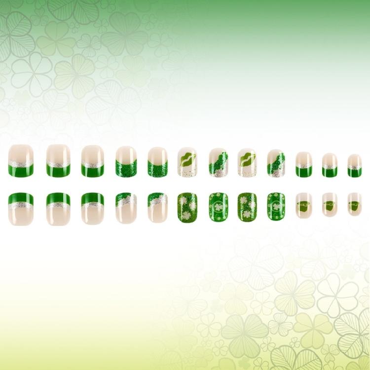 24 Pcs Lip Print Stick on Nail Saint Patricks Day False Nail French Tip Press On Nail Shamrocks Artificial Nail
