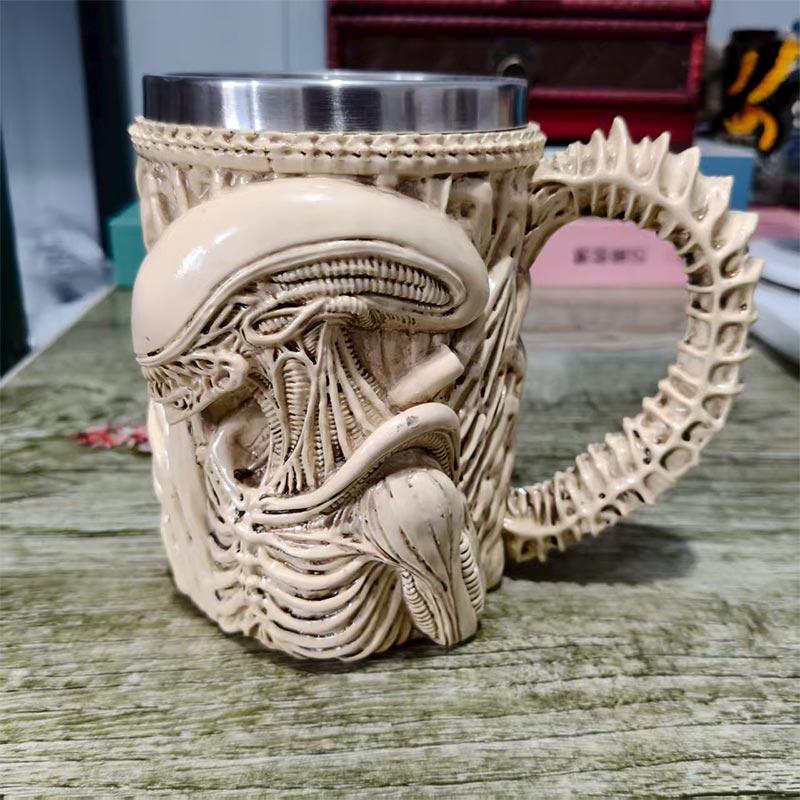 3D Flat Heat Transfer Alien Coffee Cup For Home And Office Creative Resin Stainless Steel Water Cup  Wine Glass Gift
