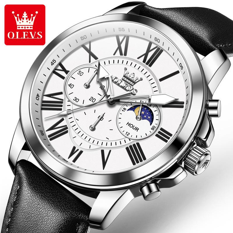 OLEVS Big Dial Roman Scale Quartz Watch For Men Waterproof Luminous Men's Hand Clock Moon Phase Original Fashion Man Watch