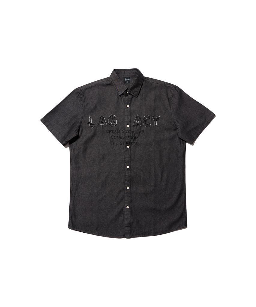 CREAM SODA LAB Applique Embroidered Lettering Denim Collared Short Sleeve Shirt Black
