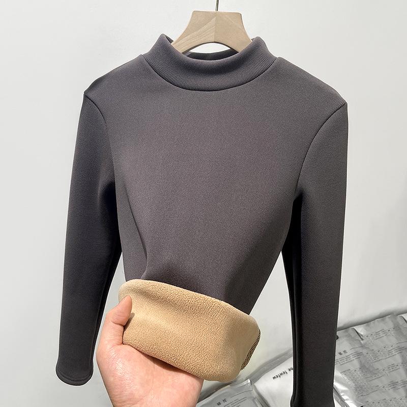H331 Women's Slim Fit Knitted Half Turtleneck Sweater - Plus Velvet, Warm Long Sleeve Top for Autumn and Winter